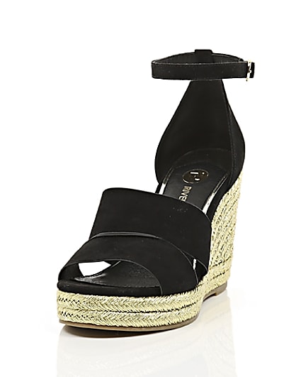 360 degree animation of product Black strappy gold espadrille wedges frame-2