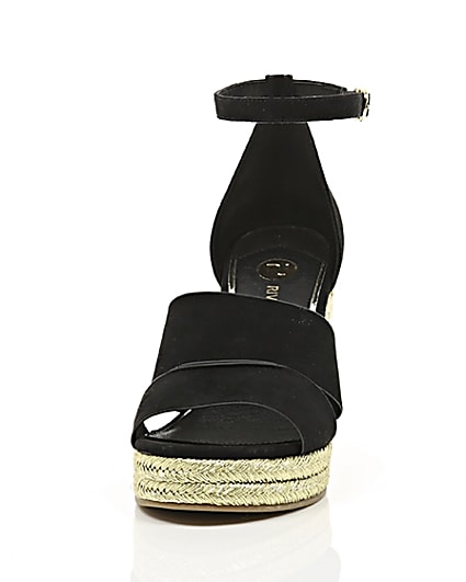 360 degree animation of product Black strappy gold espadrille wedges frame-3