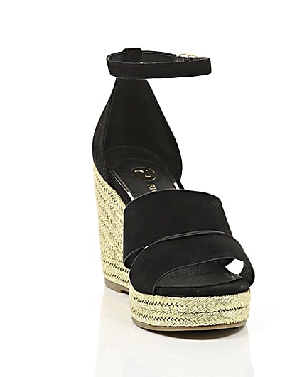 360 degree animation of product Black strappy gold espadrille wedges frame-5