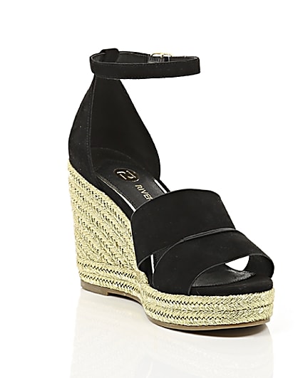 360 degree animation of product Black strappy gold espadrille wedges frame-6