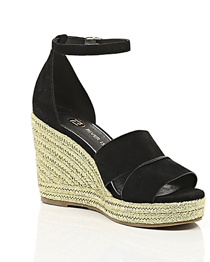 360 degree animation of product Black strappy gold espadrille wedges frame-7