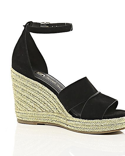 360 degree animation of product Black strappy gold espadrille wedges frame-8