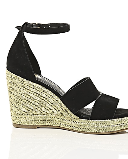 360 degree animation of product Black strappy gold espadrille wedges frame-9