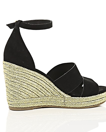 360 degree animation of product Black strappy gold espadrille wedges frame-11