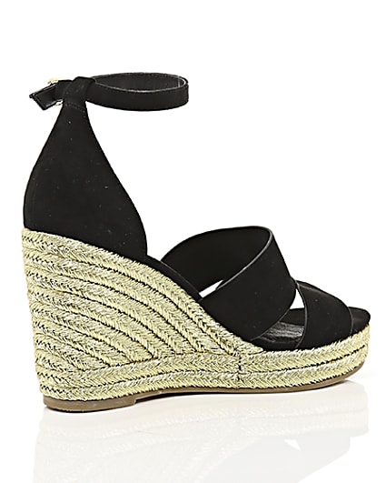 360 degree animation of product Black strappy gold espadrille wedges frame-12