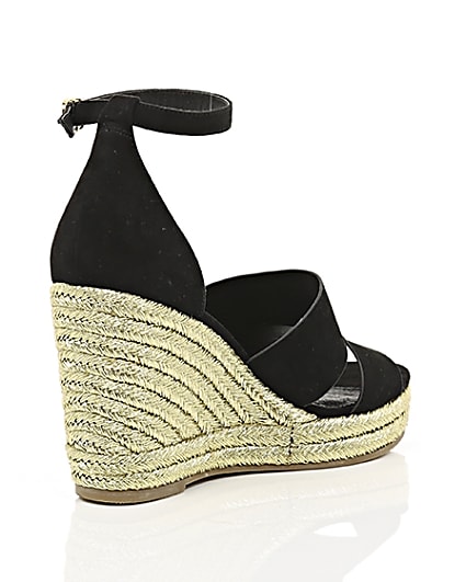 360 degree animation of product Black strappy gold espadrille wedges frame-13