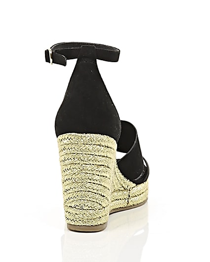 360 degree animation of product Black strappy gold espadrille wedges frame-15