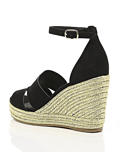 360 degree animation of product Black strappy gold espadrille wedges frame-19