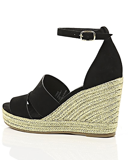 360 degree animation of product Black strappy gold espadrille wedges frame-20