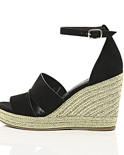 360 degree animation of product Black strappy gold espadrille wedges frame-21