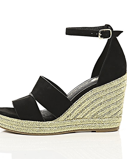 360 degree animation of product Black strappy gold espadrille wedges frame-22