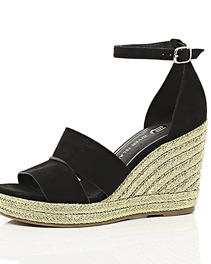360 degree animation of product Black strappy gold espadrille wedges frame-23