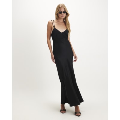 Black Strappy Satin Maxi Dress