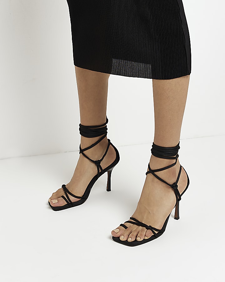 Black strappy tie up heeled sandals
