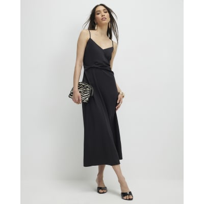Black Strappy Twist Side Slip Dress