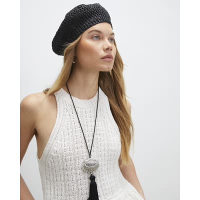 Black Straw Beret Hat