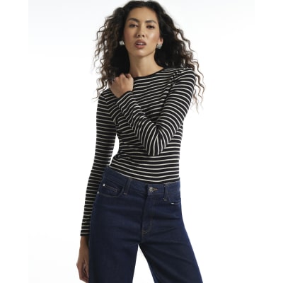 Stripe Crew Neck Long Sleeve Rib Top