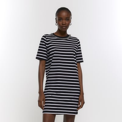 Black stripe diamante t-shirt mini dress | River Island