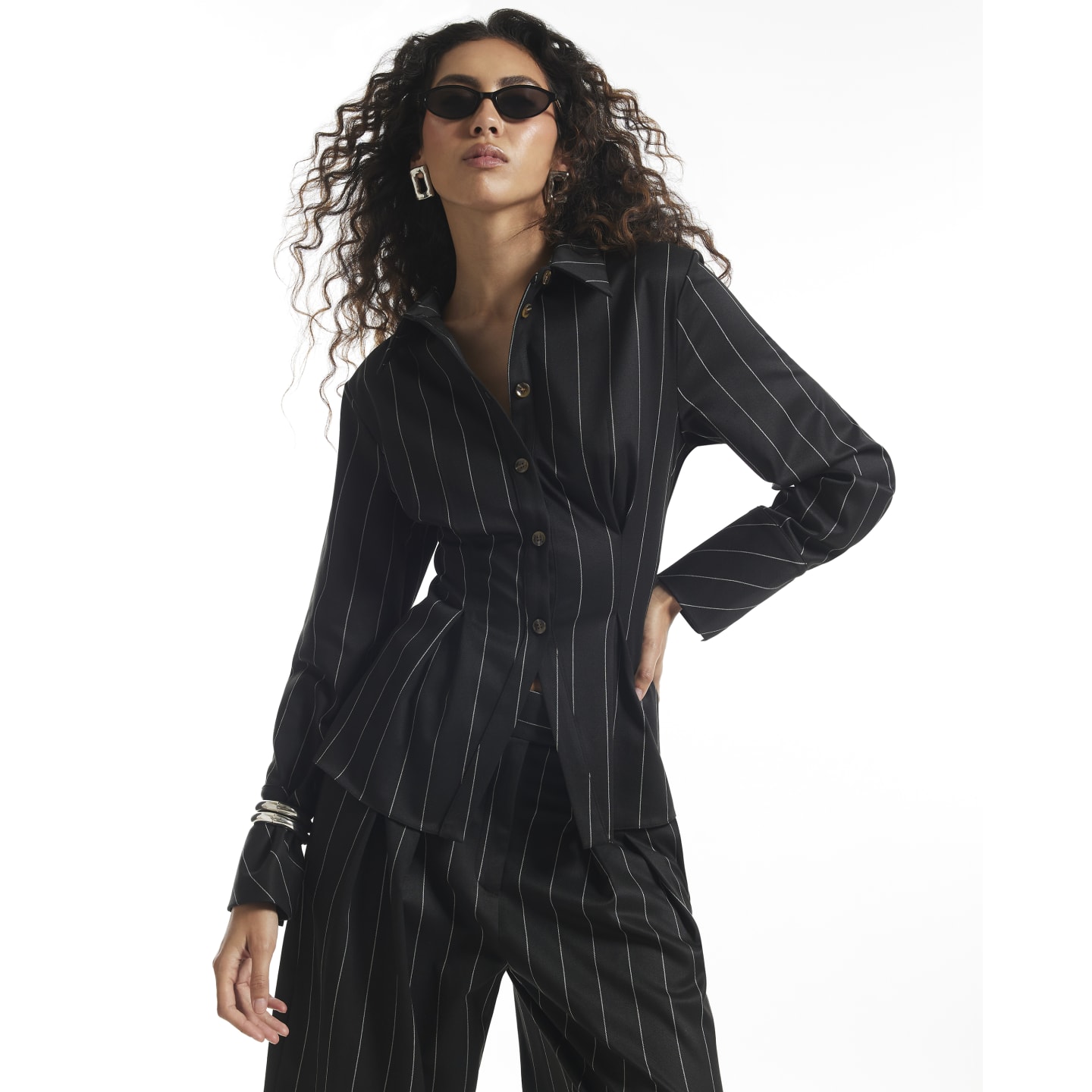 River Island Black Stripe Fitted Tailored Shirt — photo 1 of 1