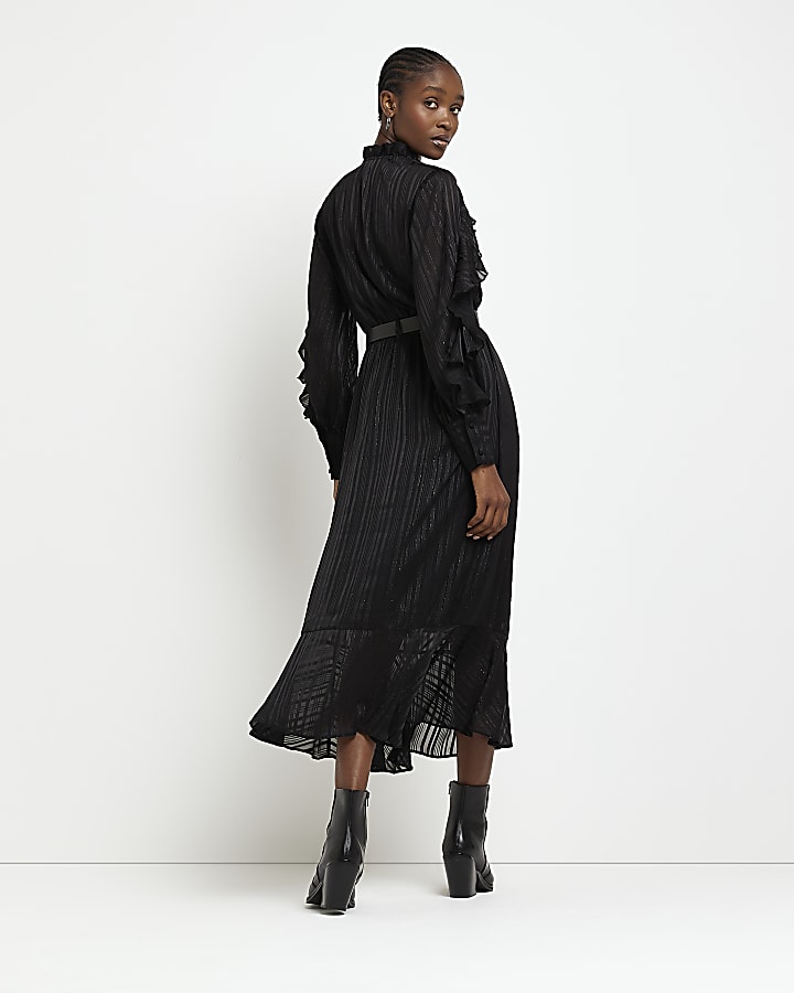 Black stripe frill belted midi dress