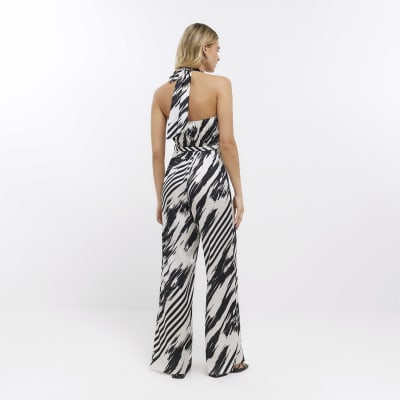 Black stripe halter neck jumpsuit