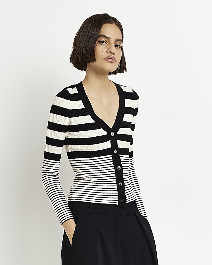 Black stripe knit long sleeve top