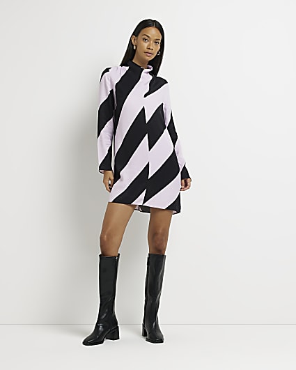 Black stripe long sleeve mini shift dress