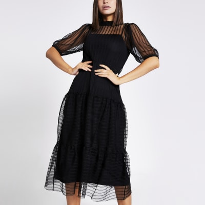 black mesh dress midi