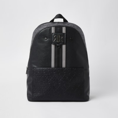 Black Textured Zip Bottom Backpack River Island