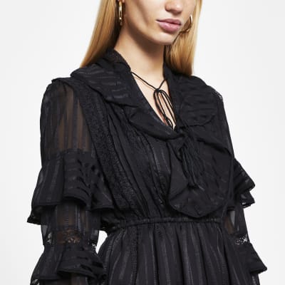 black stripe frill detail mini dress