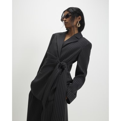 Black Stripe Tie Waist Blazer