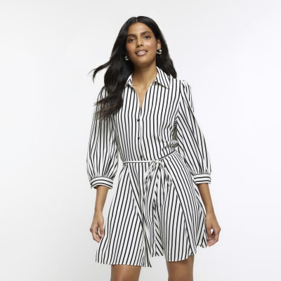 Black stripe tie waist mini shirt dress