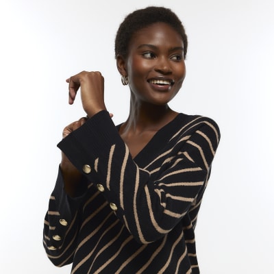 Black stripe v neck jumper River Island