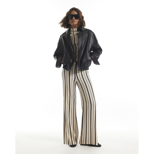 River Island Black Stripe Wide Leg Shirred Trousers
