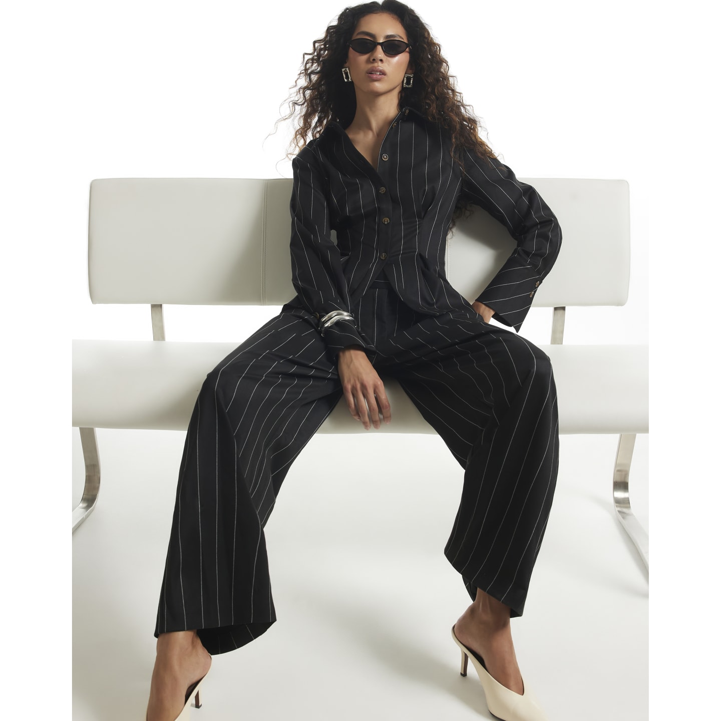 River Island Black Stripe Wide Leg Trousers — photo 1 of 1
