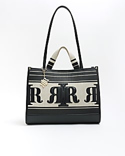 Black striped canvas shopper handbag