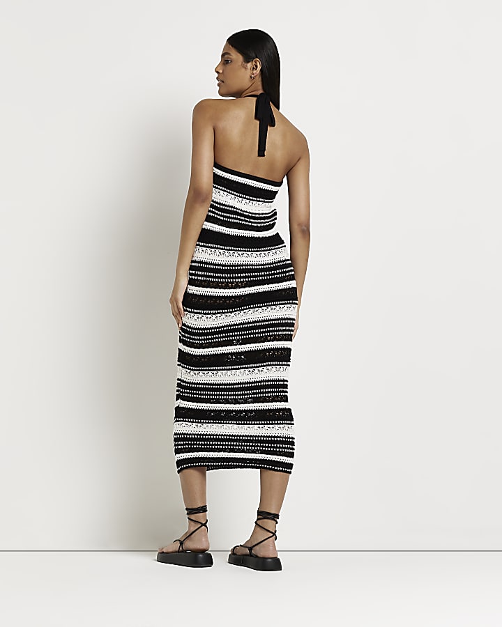 Black striped crochet bodycon midi dress