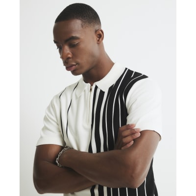 Black Striped Splice Zip Polo Shirt