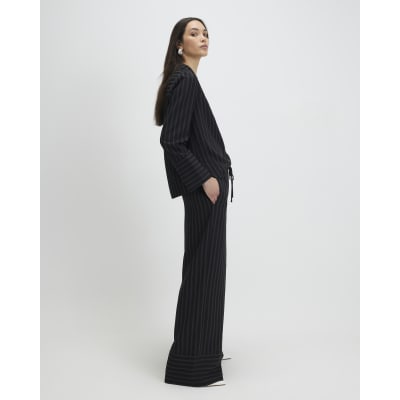 Black Striped Turned Up Hem Wide Leg Trousers