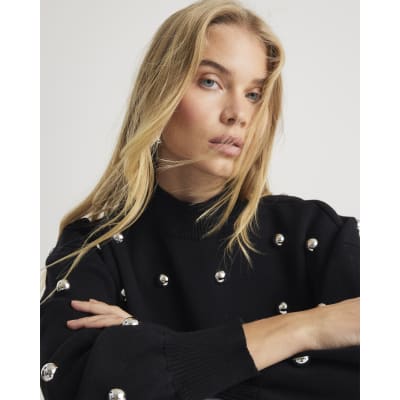 Black Stud Embellished High Neck Jumper