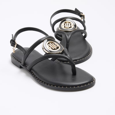 Black studded flat sandals River Island