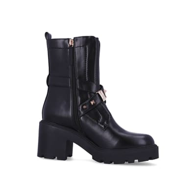 Black studded heeled ankle boots River Island