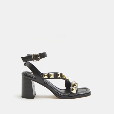 Black studded heeled sandals | River Island