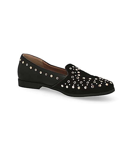 360 degree animation of product Black studded loafers frame-17