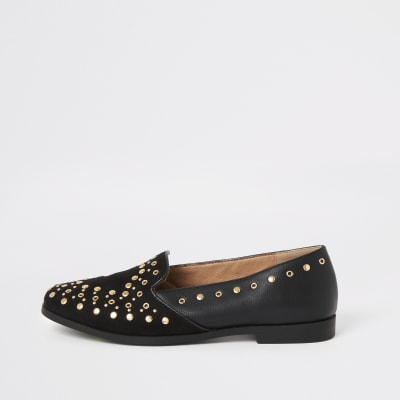 gold studded loafers