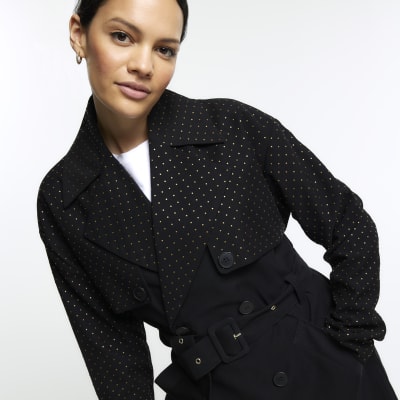 Black studded longline trench coat River Island