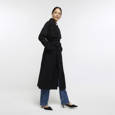 Ri studio black check tie waist longline on sale coat