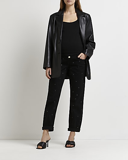 Black studded mid rise maternity mom jeans