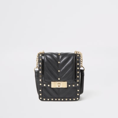 Black Studded Quilted Cross Body Bag River Island