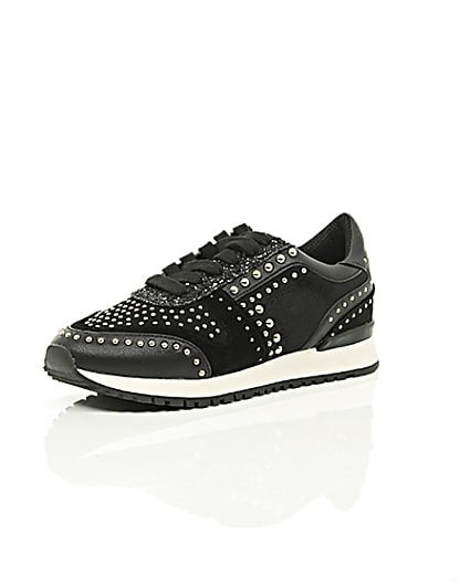 360 degree animation of product Black studded runner trainers frame-0